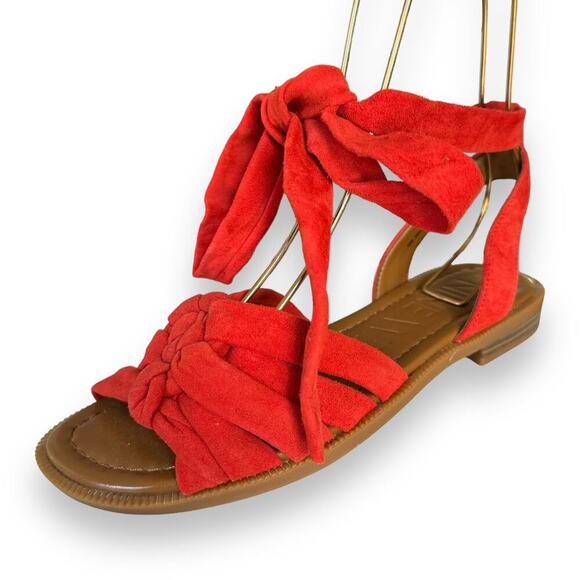 Nine West Xameera Red Suede Ankle Tie Flat Braided Toe Sandals Size 8 NEW NO BOX - Picture 3 of 11